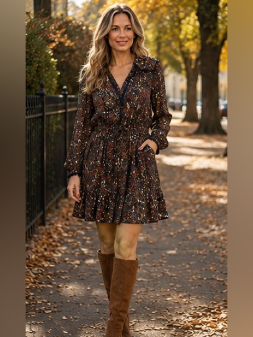 Sabina Musayev Floral Boho Long Sleeve Mini Dress Pom-Pom Trim – Size S